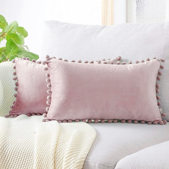 Luxury HomeElegant Modern Blush Pink Pom Pom Trim Lumbar Throw Pillow Covers